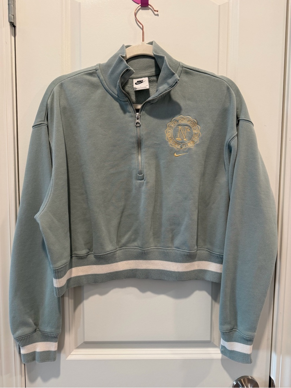 Nike Light Teal Zip-Up Cropped Sweatshirt with White Trim